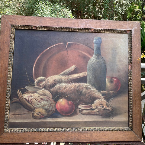 oil painting of rabbits and dead birds